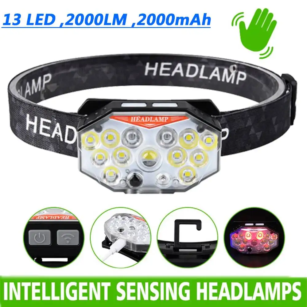 

BALDR Powerful 13LED Sensor Headlamp G15 Rechargeable Headlight Led Head Flashlight with Built-in Battery Fishing Lantern