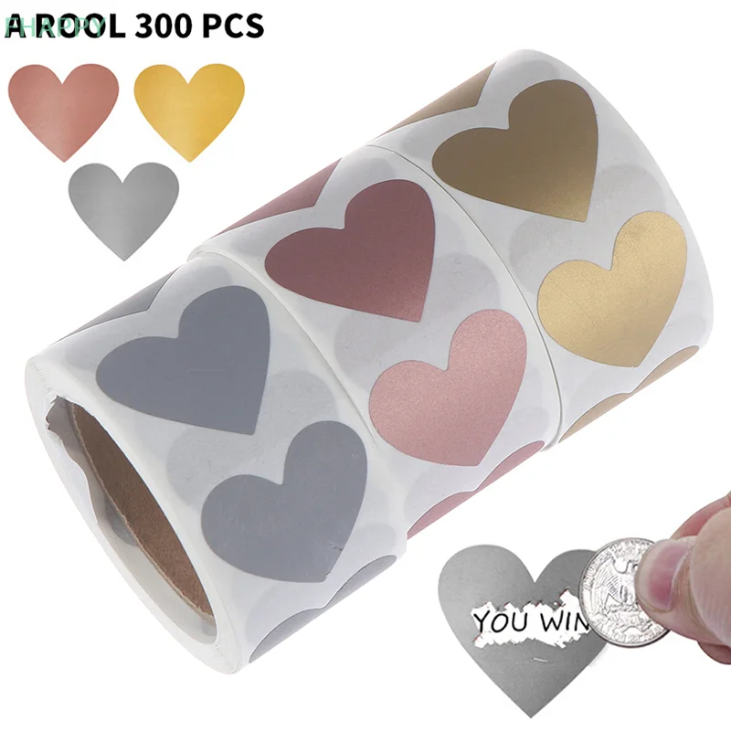 300Pcs/roll Heart Scratch Off Stickers Labels Scratch Sticker Label Stationery DIY Handmade Game Sticker Self-Adhesive Stickers