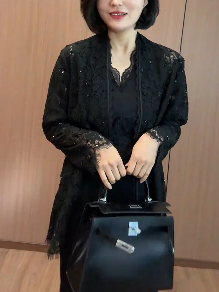 

iny Knitted Open Cardigan Spring 2025 Sle Korean Version Long Sve round Ne Regular Fit Fat Ladies Faionable Top