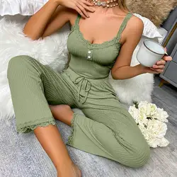 Women Pajama Set Women's Summer Pajamas Set with Low-cut V Neck Tank Top High Elastic Waist Trousers 2 Piece Homewear Suit