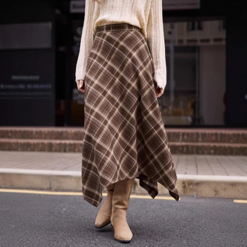 

2025 Autumn Winter Vintage Plaid irregular Long Skirt Streetwear