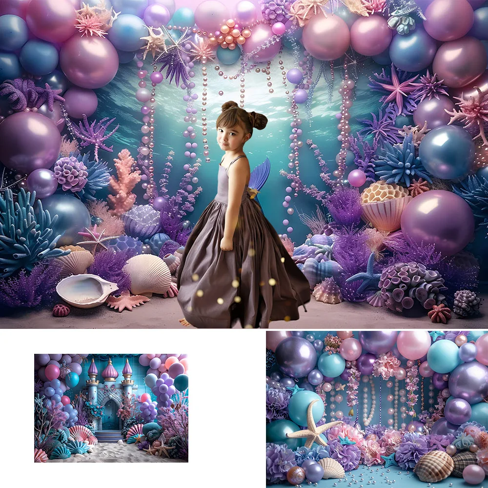 

Фон для фотосессии Mocsicka Mermaid Girls Cake Smash: синее морское дно, фиолетовые шары, блестящий перламутровый фон для детских фотосессий и фотобудок
