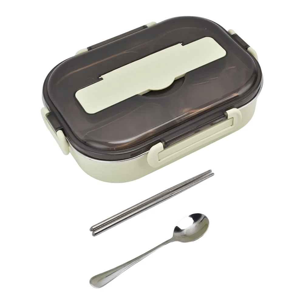 Four Section Food Storage Box with Utensils Compatible with Microwave Reheating and External Hot Water Warming