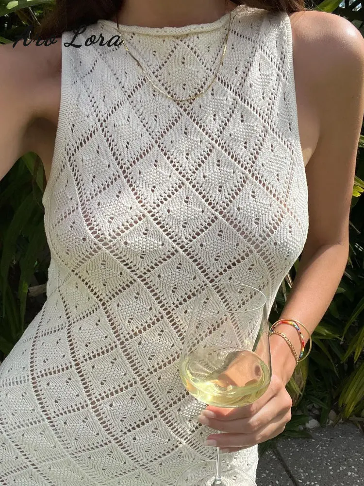 Sexy Hollow Out Knitted Split Dress For Women 2023 Summer Beach Cover Up Maxi Dress Women\'s Sleeveless Elegant Bodycon Vestidos