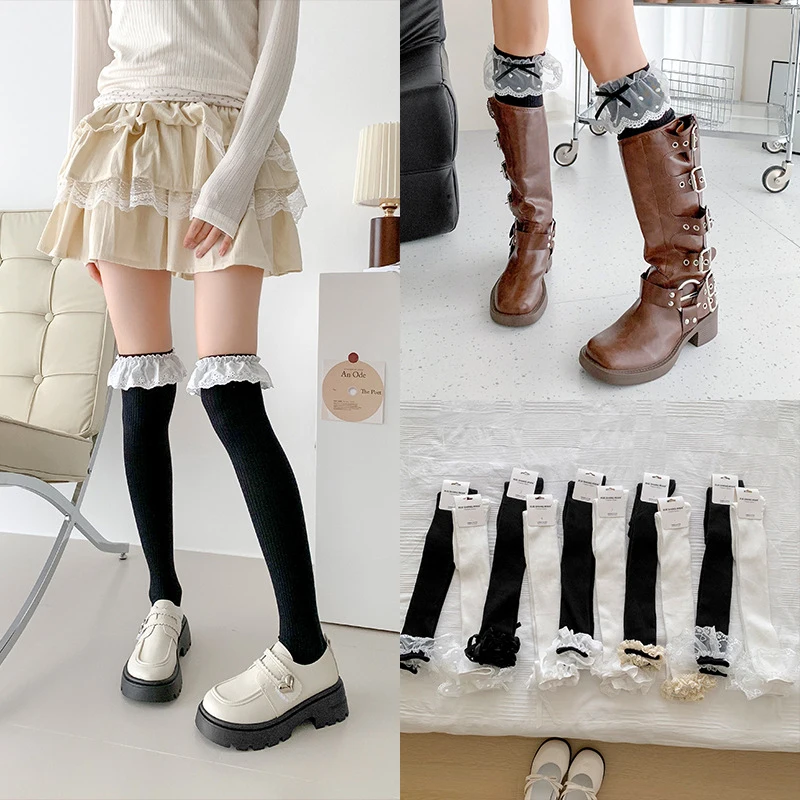 Bas chauds en dentelle monochromatique pour femmes, chaussettes à jambes longues, noir et blanc, Lolita Optics, mignon, document