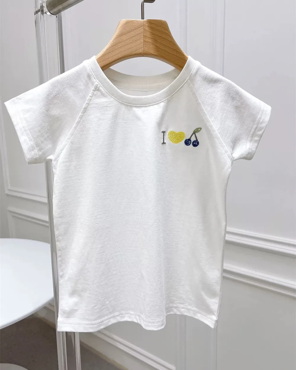 

summer t-shirt baby girl clothes Embroidery small cherry pattern tops Girls' pure-color short-sleeved T-shirt
