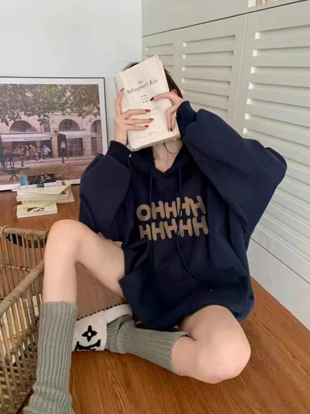 

Loose Fit Fce Lined Hoodie Women's k Blue Winter Autumn New Sle Long Sve Top Korean Sle Printed Casual Sweatirt