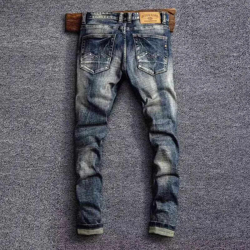 Fashion Designer Men Jeans High Quality Retro Black Blue Elastic Slim Ripped Jeans Men Embroidery Patched Vintage Denim Pants