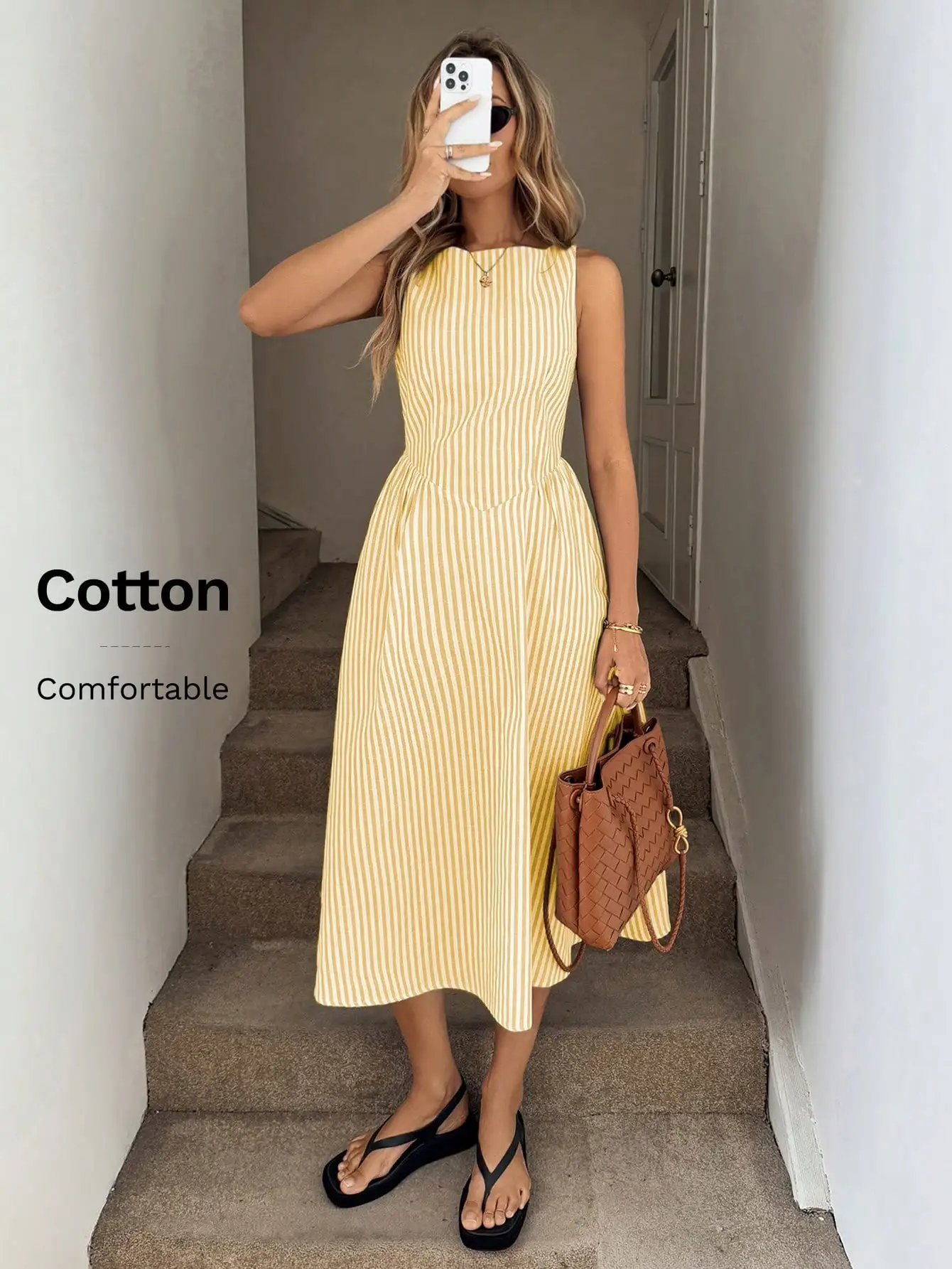 

Yellow & White Striped Sleeveless Cinched Waist A-Line Midi Dress