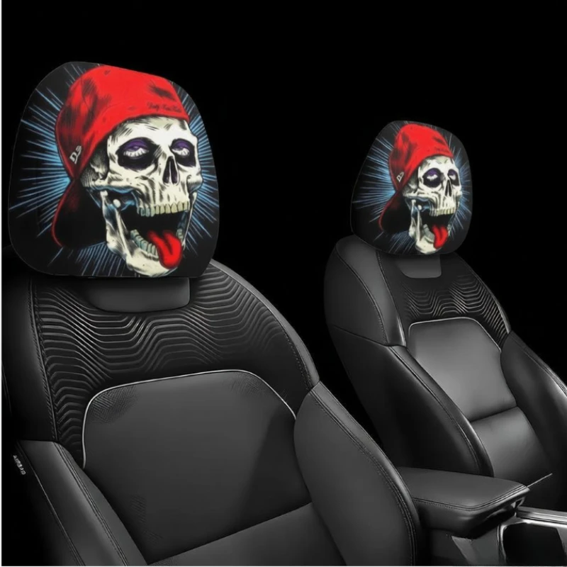 2pcs Hip-Hop Skull Print Car Headrest Covers,Universal Fit,Easy to Install and Machine Washable Protective Sleeves,Urban Commute