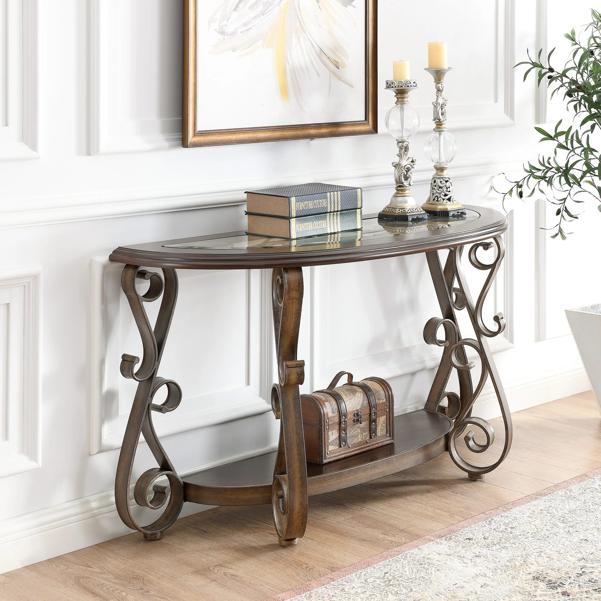 End Table Side Table Console Table with Glass Table Top and Powder Coat Finish Metal Legs，Dark Brown （25.5