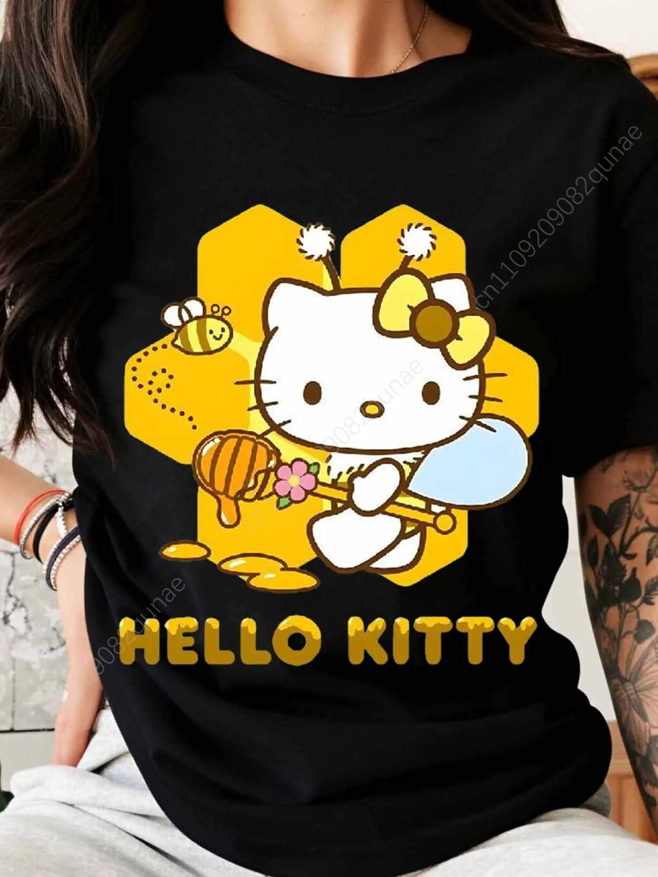 

Hello Kitty Catwings Bee Theme Loose T-Shirt, Summer Short-Sleeve Round-Neck Top Hello Kitty