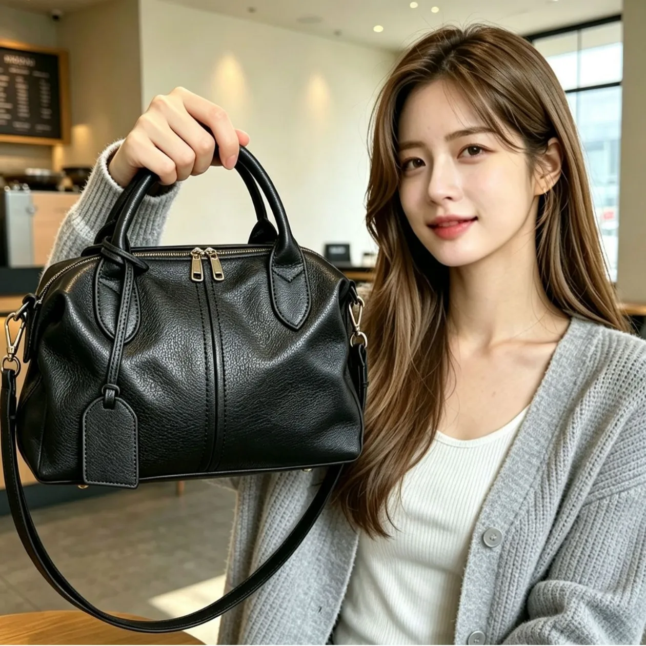 Fashion Boston Handbag High-Quality Litchi Grain Cowhide Women Shoulder Bag Large-Capacity Wear-resistant Genuine Leather Bag