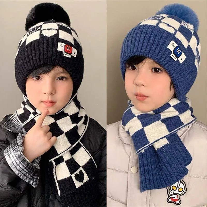 Jacquard Smiley Face Plaid Woolen Hat Scarf Two-piece Set for Winter Children's Warm Woolen Ball Knitted Hat Thickened