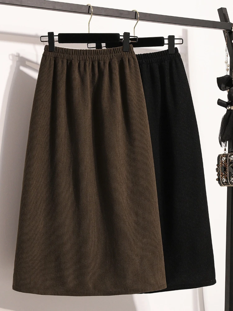 Plus Size Skirt for Women 2026 Spring High Elastic Waist Large Size Skirt Korean Style Elegant Brown Casual Slit Pencil Skirts