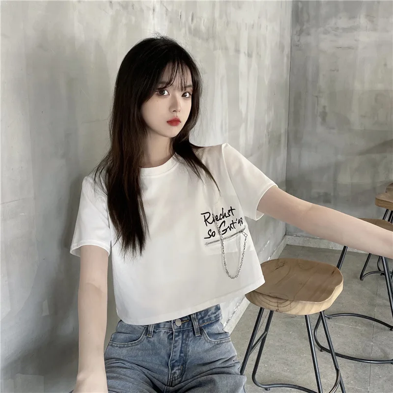 NOVEDAD DE VERANO 2021, camiseta de manga corta para mujer con estampado de letras y cremallera, Tops cortos básicos que combinan con todo, ropa de calle Y2K, camisetas de moda