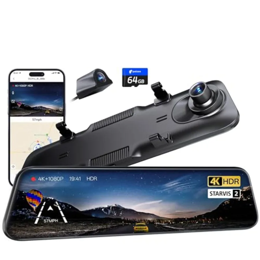 Car dash cam with STARVIS 2 sensor, mirror-style design, black, 4K front + 1080P rear cameras, ADAS/BSD, voice control, color n