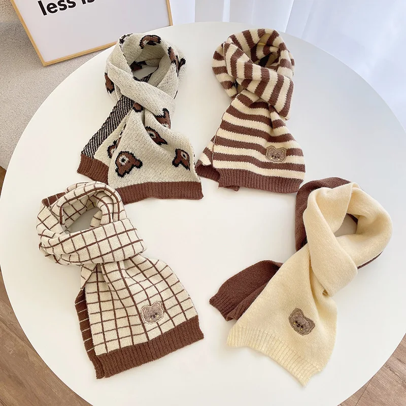 Winter Warm Baby Kids Scarf for Boys Girls Cute Bear Casual Striped Plaid Knitted Woolen Long Children Scarves 2-8 years old