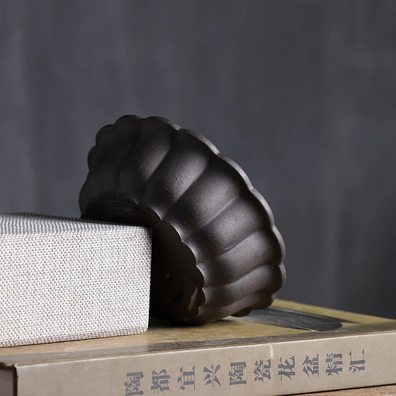 Ceramic Chrysanthemum Shape Flower Bonsai Pot,Tradition Chinese Handmade Purple Sand Vase,Garden Decoration
