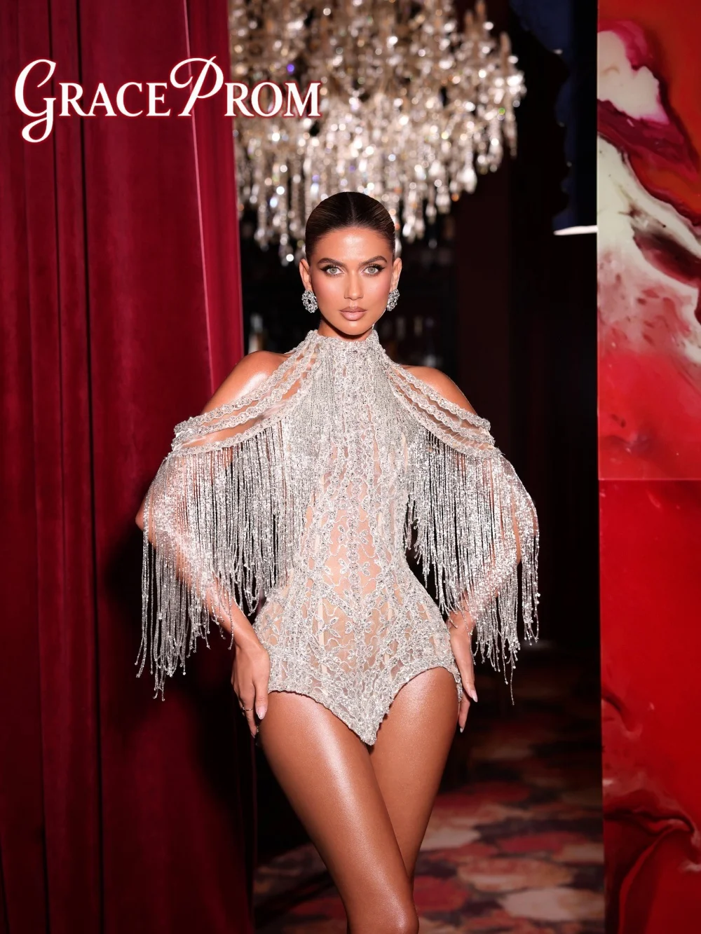 

Vintage Soirée Timeless Sequin Fringe Mini Evening Dress 2026 Retro High Neck Cold Shoulder Sheer Lace Gown فساتين سهر