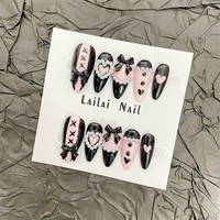 10Pcs Almond Handmade Press On Nails Middle Length Black Pink Color Fake Nails False Ballet Shoes Design Hearts Bows Decoration