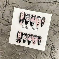 10Pcs Almond Handmade Press On Nails Middle Length Black Pink Color Fake Nails False Ballet Shoes Design Hearts Bows Decoration
