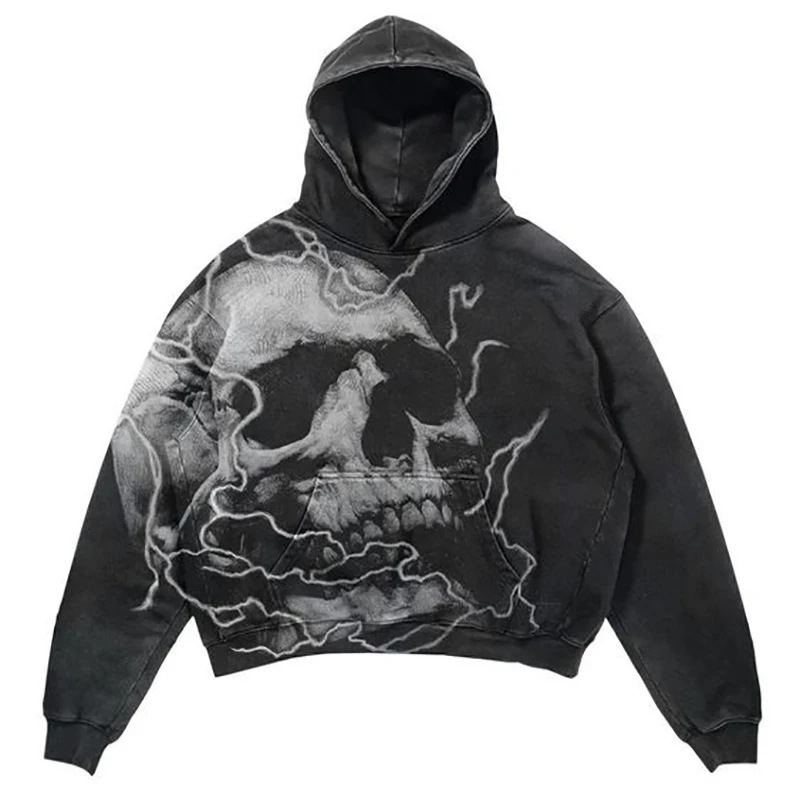 

European and American Hip Hop Halloween Personalized Skull Print Loose Unisex Cotton and Velvet Washed Sweatshirt