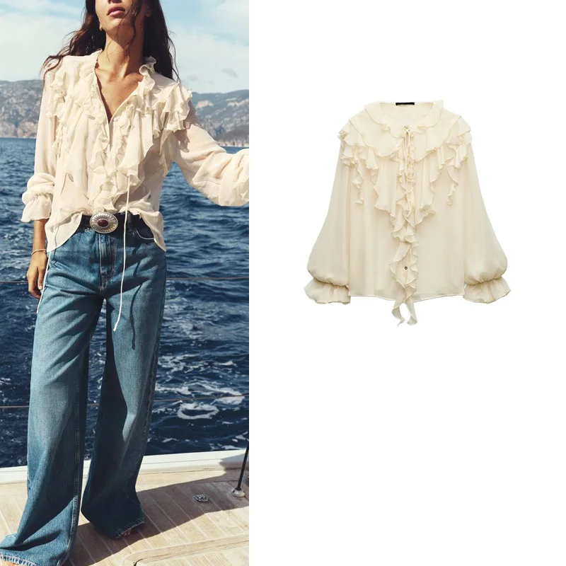 

Spring New Women's Sweet Soft Knot Layered Decoration irt Long Sve Regular Length Polyester Fiber 00%