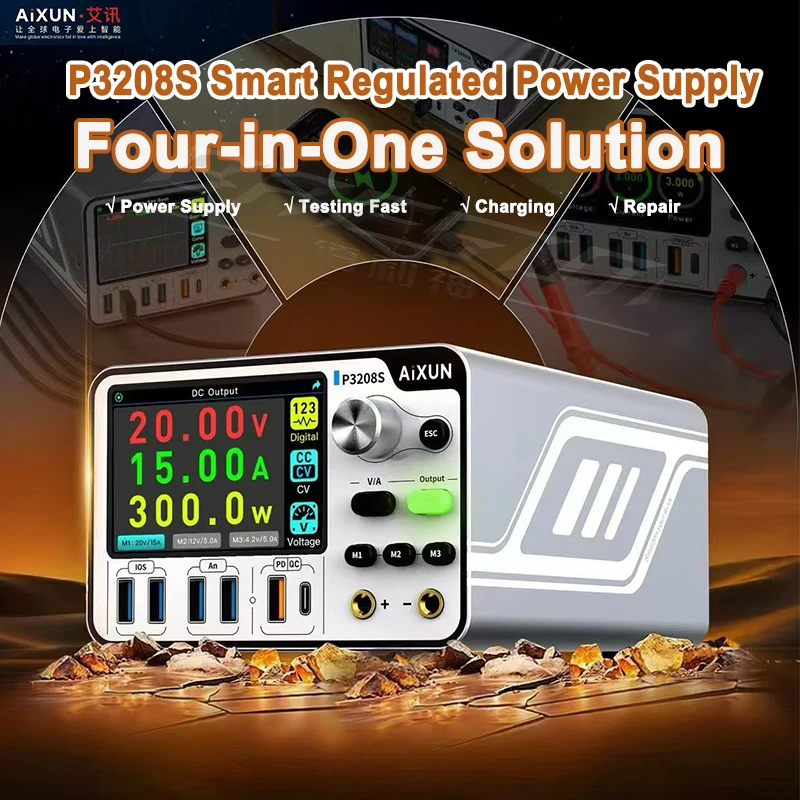 Fuente de Alimentación Regulada Inteligente AIXUN P3208S, Solución 4 en 1: Fuente de Alimentación/Pruebas/Carga Rápida/Reparación de Teléfonos Móviles