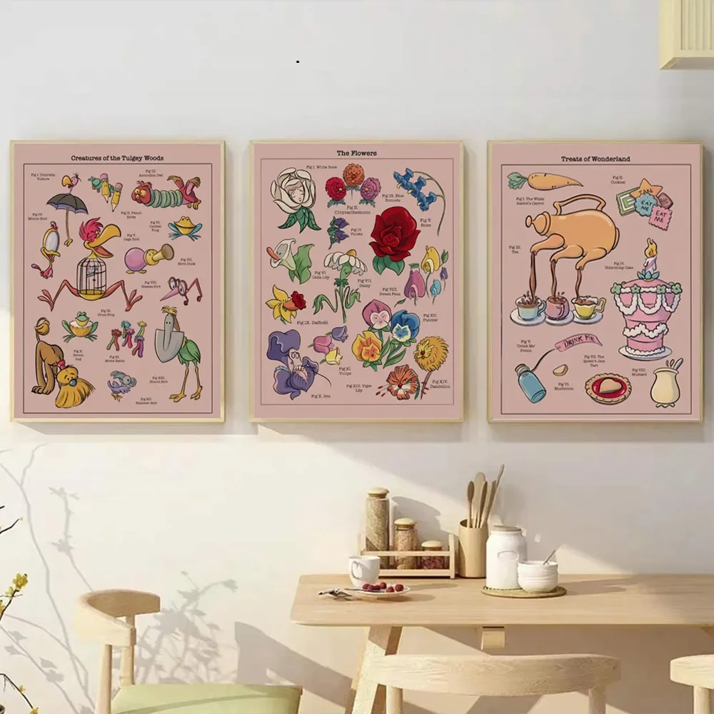 3 Piezas de Impresiones Artísticas de Alicia en el País de las Maravillas, Póster de Película Animada, Decoración de Pared para Cocina o Cuarto de Niñas, Cuadro en Lienzo Dorado