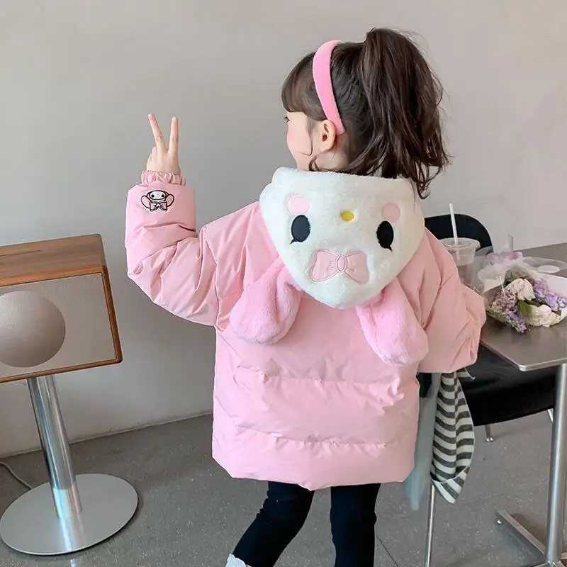 

Хлопковая стеганая куртка Sanrio Hello Kitty Cinnamoroll с капюшоном, толстое стеганое пальто для девочек, новая стильная зимняя одежда, модная зимняя одежда