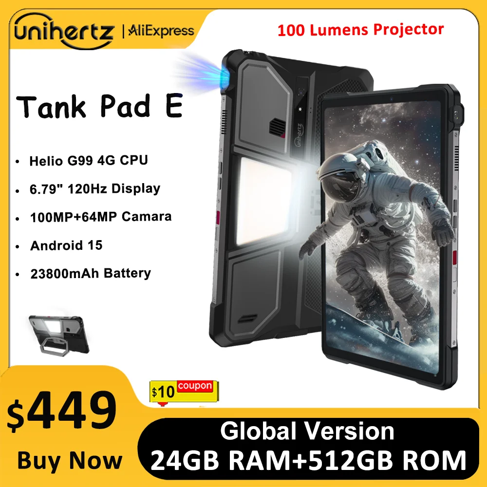 Unihertz 8849 TANK PAD E Robustes Tablet mit Projektor Android 21000 mAh 120 Hz 50 MP Kamera 24 GB 512 GB 66 W 10,95 Zoll Tablet
