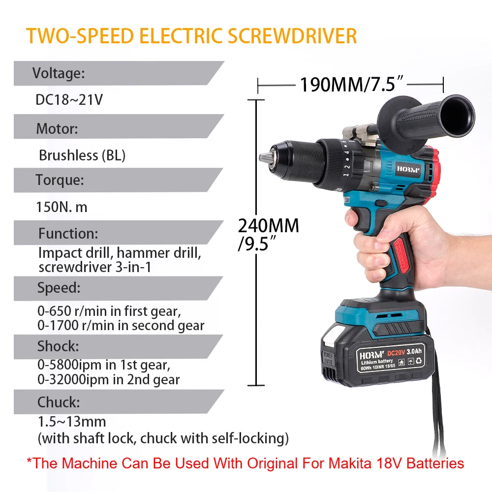 Imagem -04 - Broca de Martelo Elétrica sem Escova Chave de Fenda sem Fio Torque Poderoso Ferramenta de Impacto de Velocidades Bateria Makita 18v 150n.m