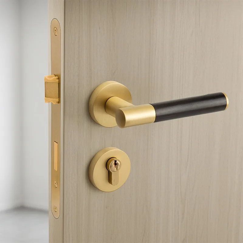 Medieval All-copper Black Walnut Silent Door Lock, Wood Grain Handle, Vintage Hardware for Indoor Bedroom Wooden Door Home Use