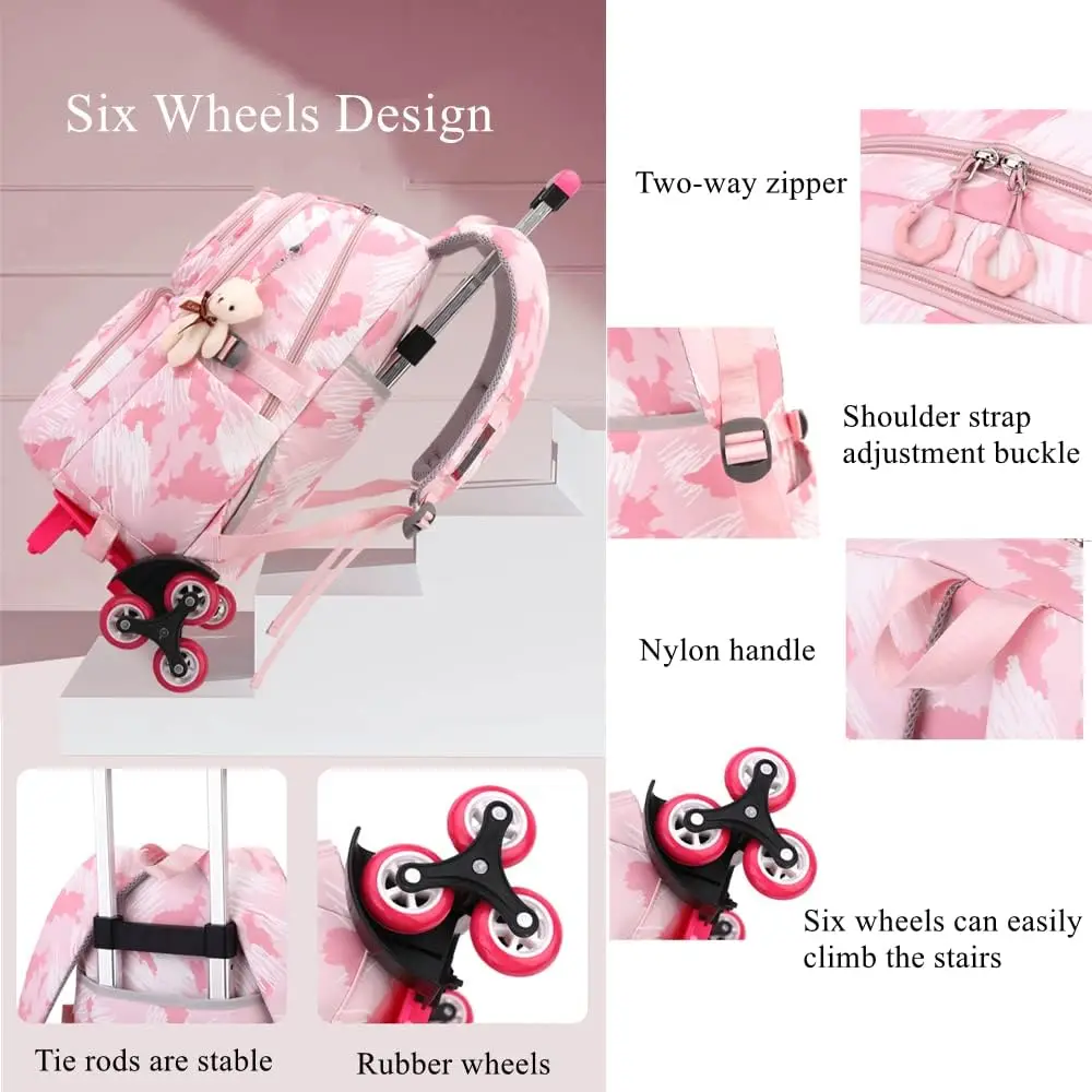 Students Backpack for Girls Children School Bag with Wheels Trolley Backpack Cute Schoolbag Rolling Wheeled Backpack Book Bags