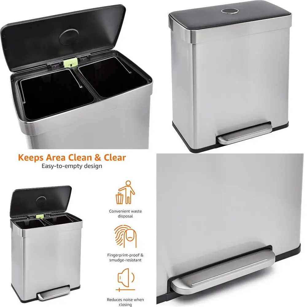 

60L Rectangular Dual Bin Trash Can with Soft-Close Lid and Detachable Liners in Grey and Silver