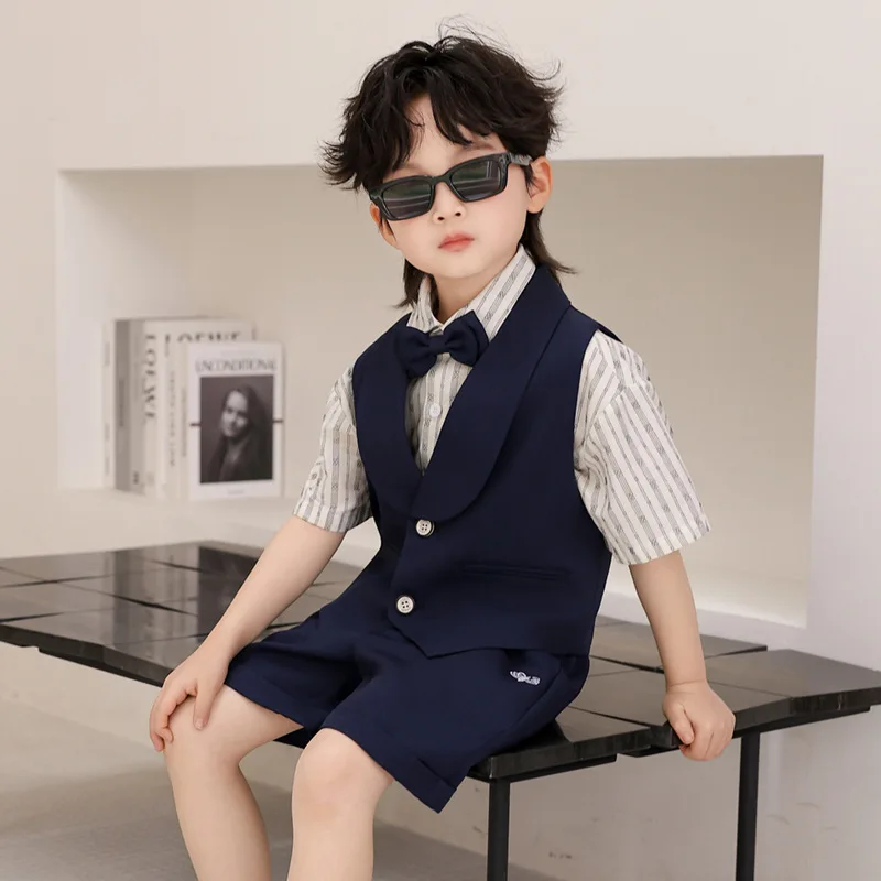 Boys' Summer Fashion British Style Suit Vest Set 1st Birthday Photography Outfit Kindergarten Graduation Performance Costume