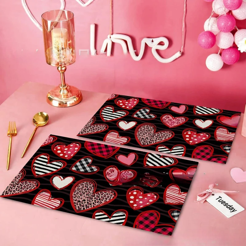 4 قطعة المفارش عيد الحب رومانسية القلب المفارش الحب طاولة طعام خمر الحب قلوب مكان الحصير المنزل المطبخ 2025 جديد