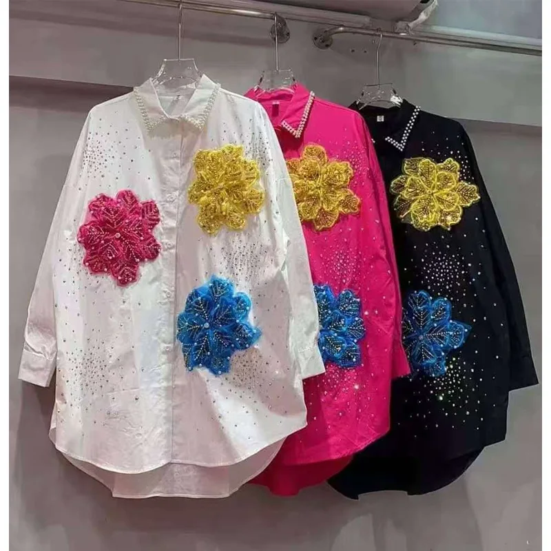 

Элегантная женская рубашка с объемной вышивкой 3D-цветами, приталенная, роскошная, модная, для офиса, из полиэстера, с длинным рукавом, с воротником