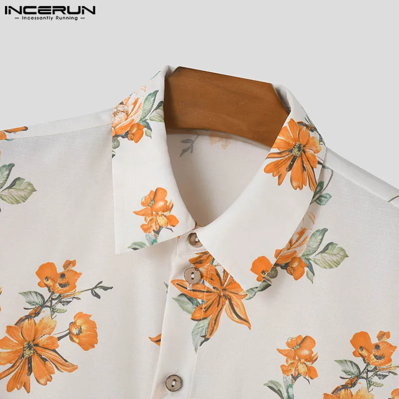 INCERUN Men Shirt Flower Printed Lapel Long Sleeve Button Steetwear Casual Men Clothing 2024 Loose Fashion Leisure Camisas S-5XL