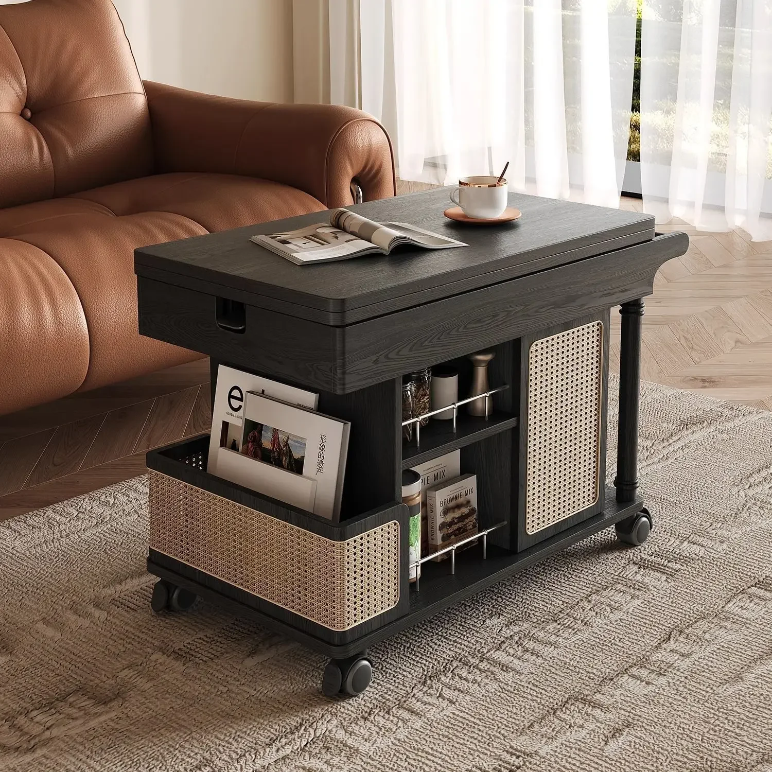Mobile lifting coffee table solid wood small apartment household living room multi-functional folding simple trolley