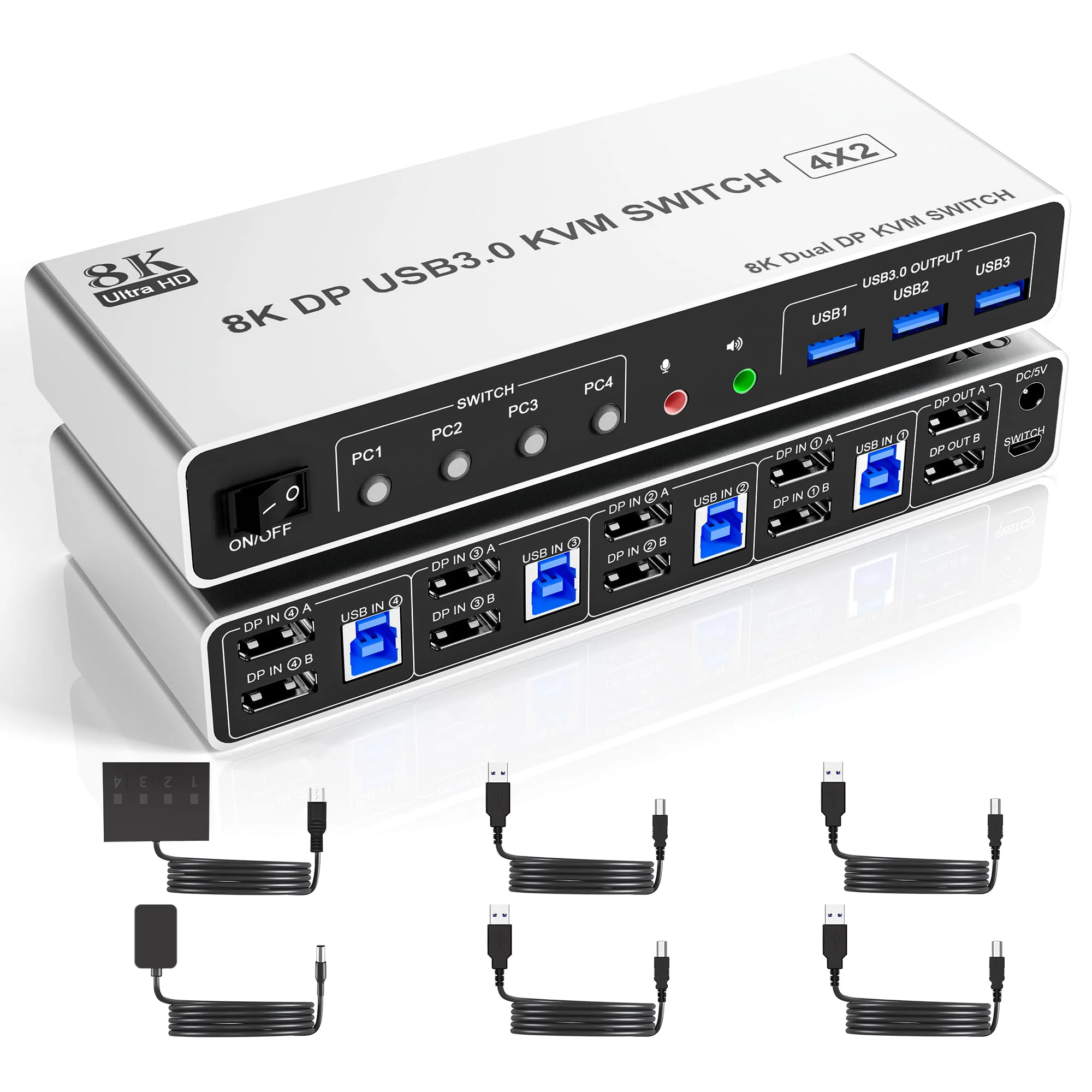 8K @ 60 Гц USB3.0 Displayport KVM переключатель 2 монитора 4 компьютера, 4 порта DP1.4 двойной монитор DP KVM переключатель с аудио для 4 шт.