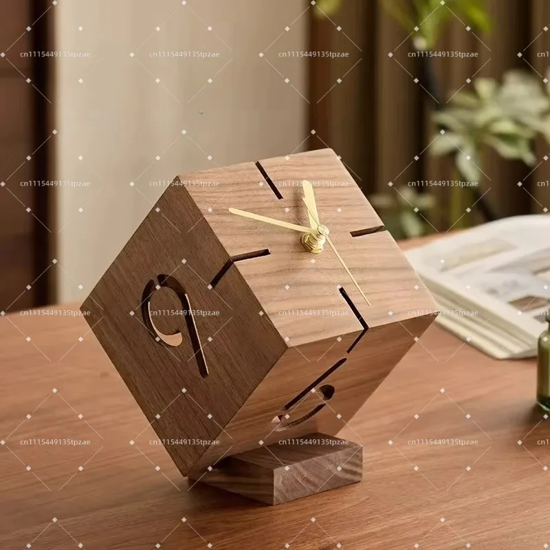 Cube Hollow Desktop Silent Clock Ornament Creative Black Walnut Small Clock Fashion Gift