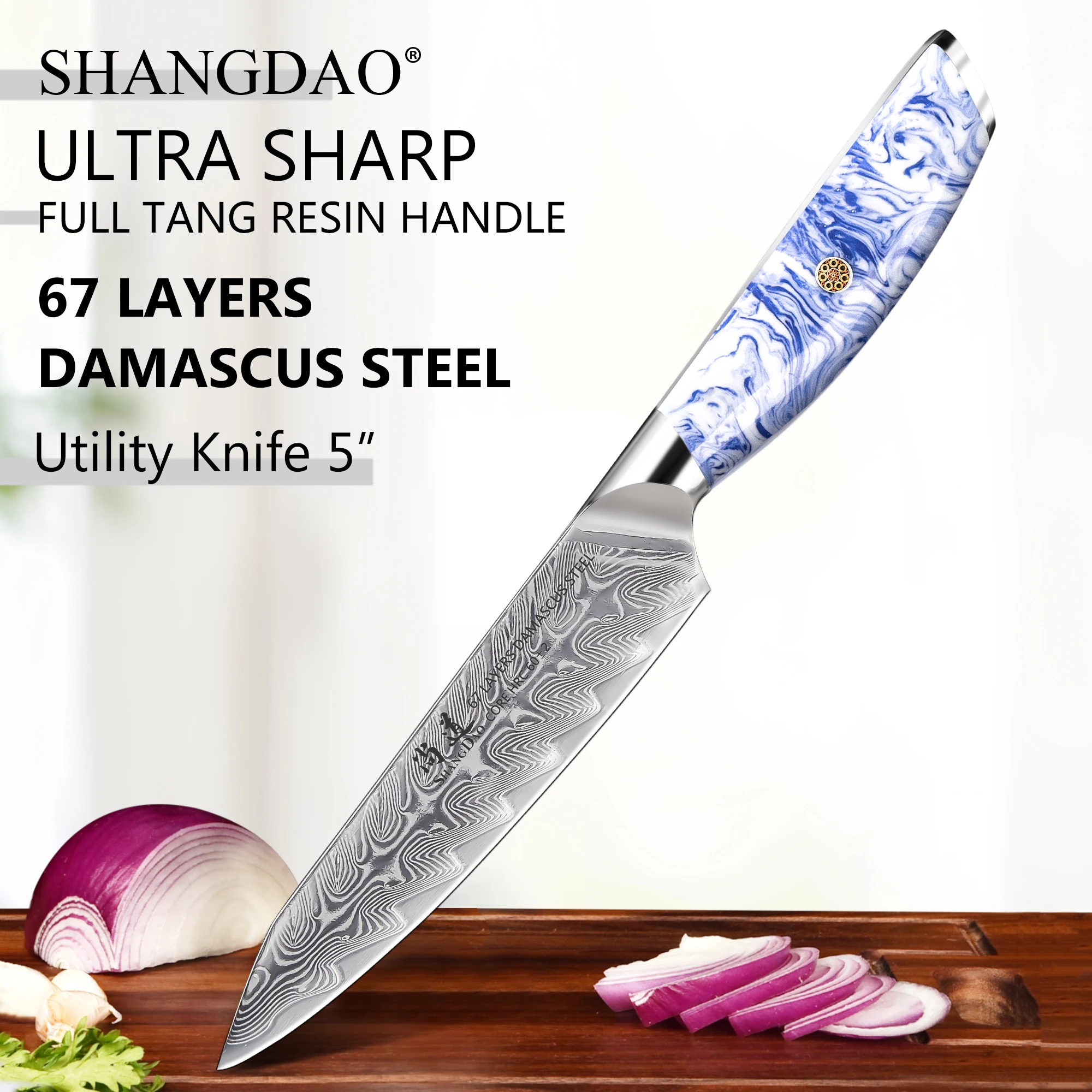 

SHANGDAO Professional Damascus 5 Inch Kitchen Utility Knife Sharp Fruit and Vegetable Peeling Knives-Blue and White Resin Handle
