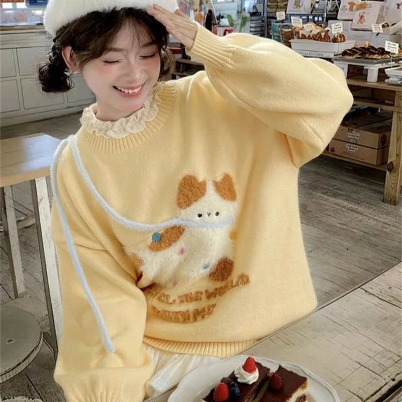 

Autumn Winter New Fashion Cartoon Embroidery Loose Thick Sweaters Women's Clothing Casual O-neck Sweet Soft Knitted Pullovers