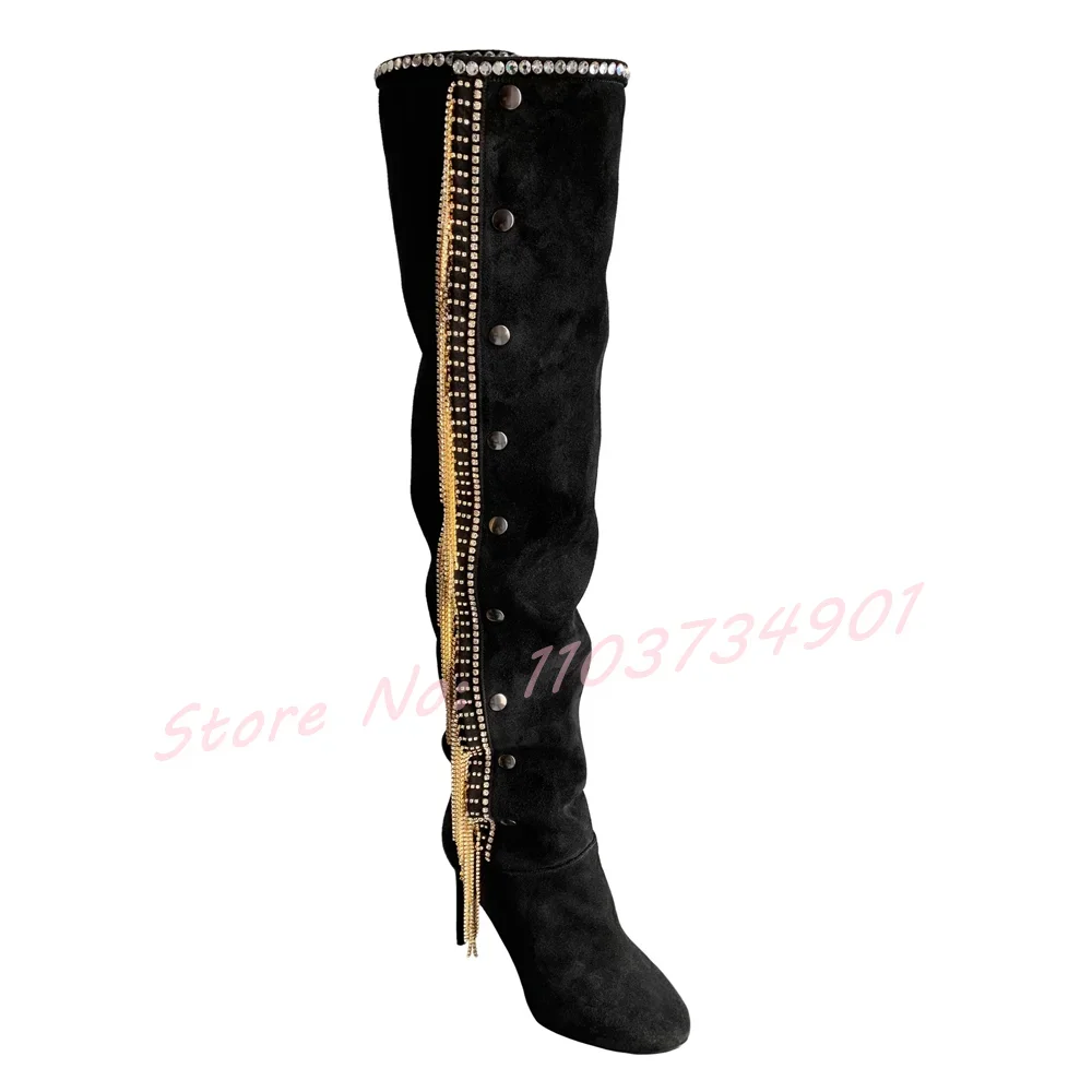Tassels Crystals Button Rivets Boots Women Fashion Flock Round Toe High Heeled Knee Length Boots Lady Sexy Punk Chic Party Shoes