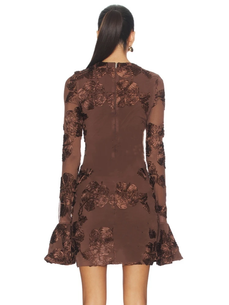 Sexy O Neck Mesh Patchwork Flare Long Sleeve Floral Mini Dress Women Elegant Brown Bodycon Celebrity Evening Club Party Dresses