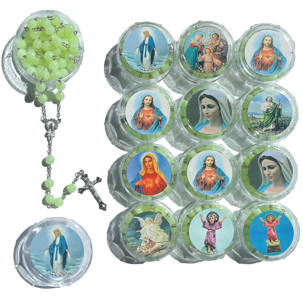 12-piece set of 8-corner box cross necklace with luminous rosary beads, 6mm mixed picture Virgin Mary Baptism necklace
