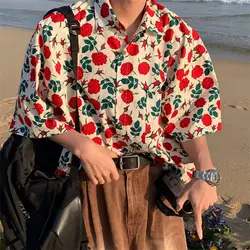 2022 Summer Beach Hawaiian Rose Shirts Vintage Red Floral Button Up Shirt Men Women Loose Casual Tops Large 2XL Japan Kawaii Tee