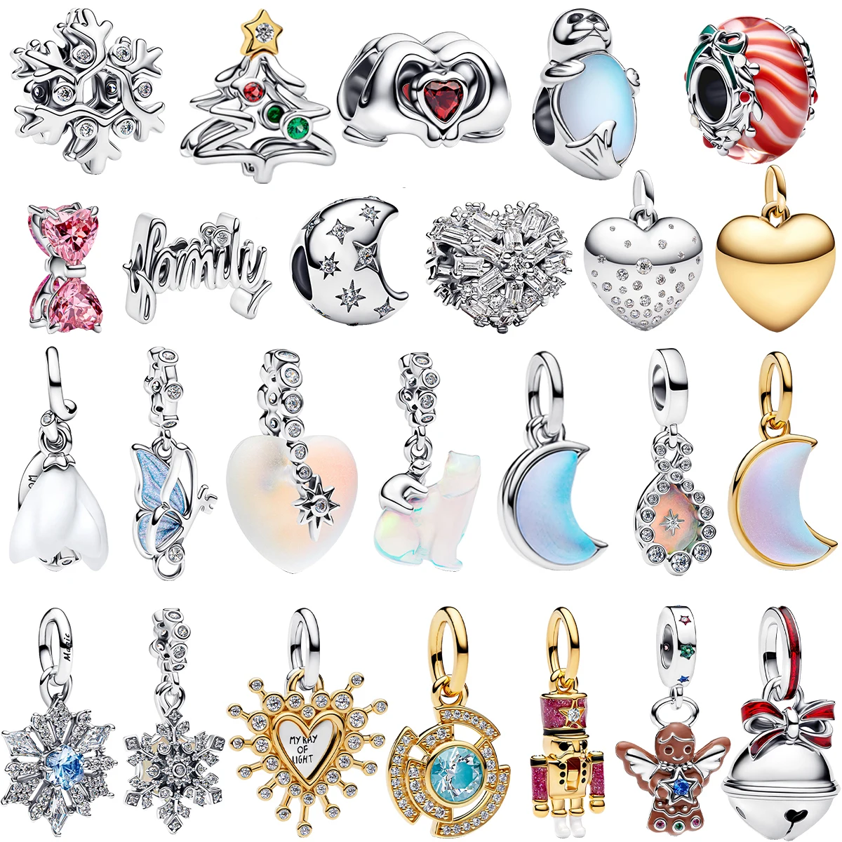 Dijes navideños de Plata de Ley 925 originales, colgantes de cuentas de corazón, Luna, mariposa, corazón, aptos para collares, pulseras, regalos DIY, joyería fina